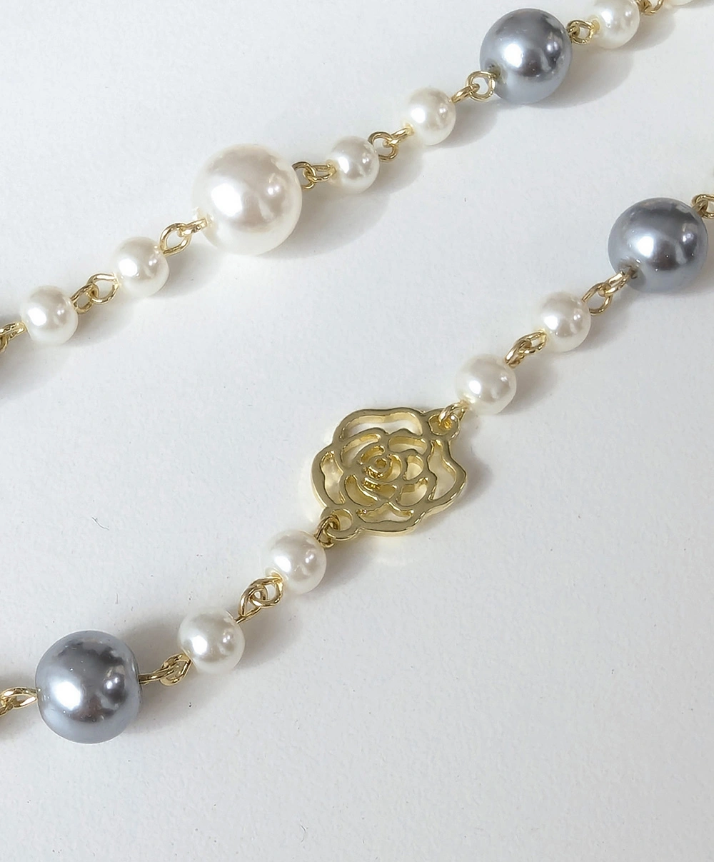 多層搭珍珠鏤空花朵長項鏈