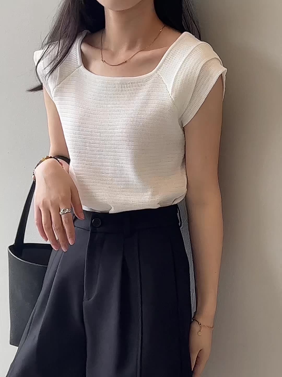 法式氣質素面針織短袖上衣