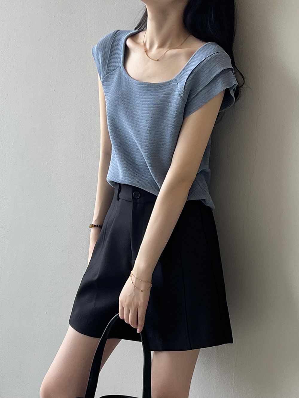 法式氣質素面針織短袖上衣