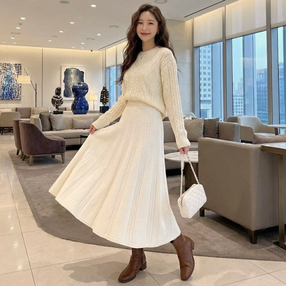 麻花紋傘狀針織長裙