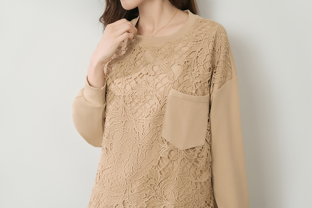 蕾絲拼接下擺抽繩上衣