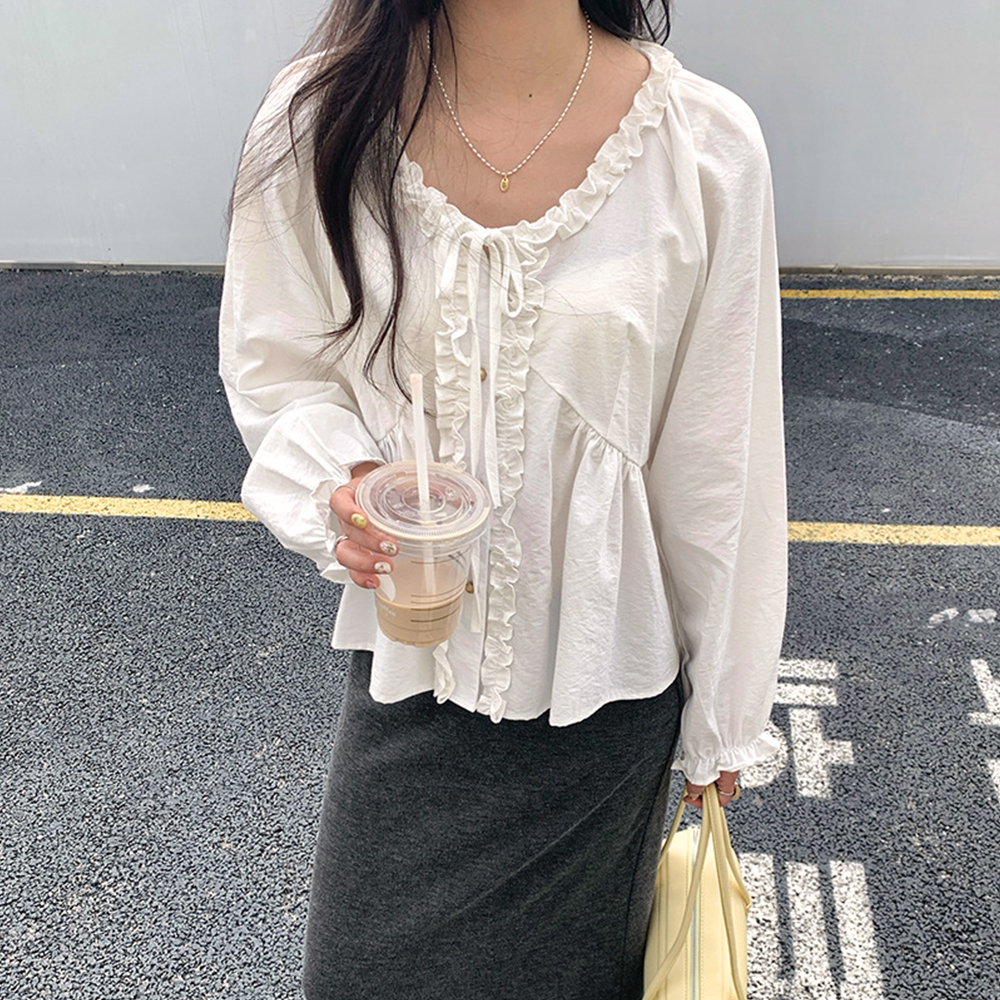 甜美風花邊綁帶襯衫