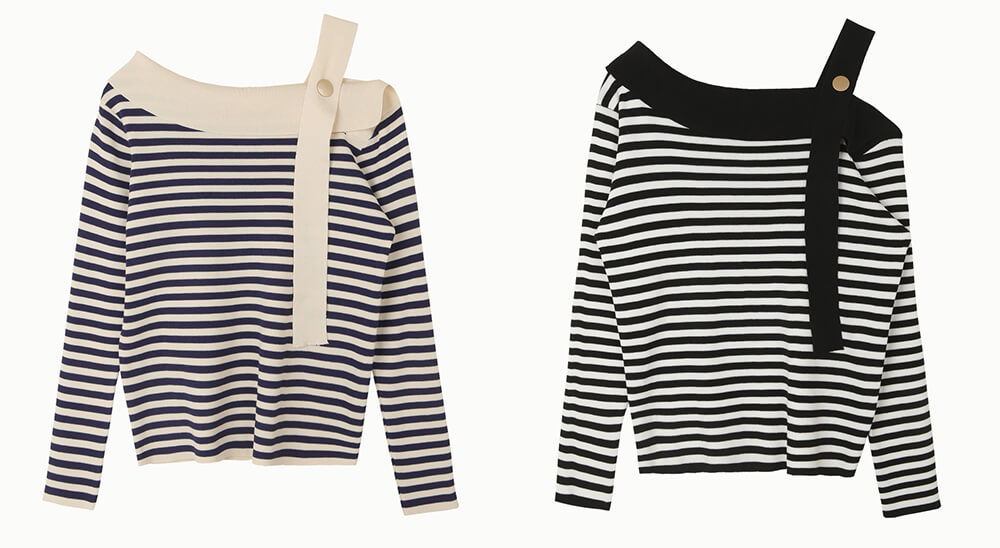 露肩斜領撞色條紋上衣