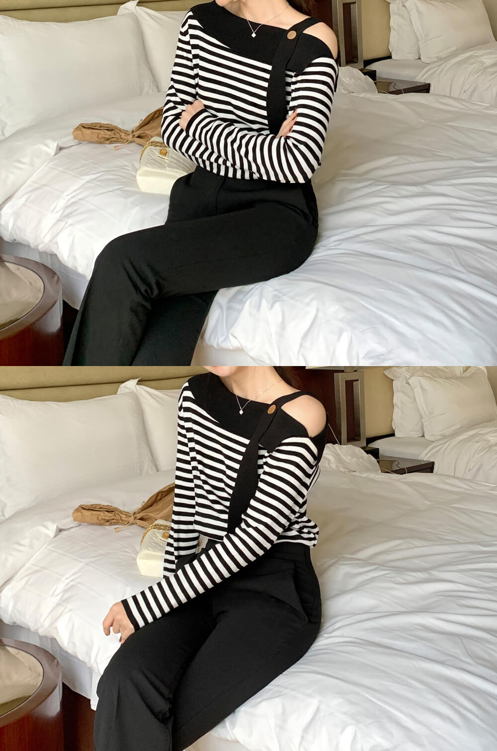 露肩斜領撞色條紋上衣