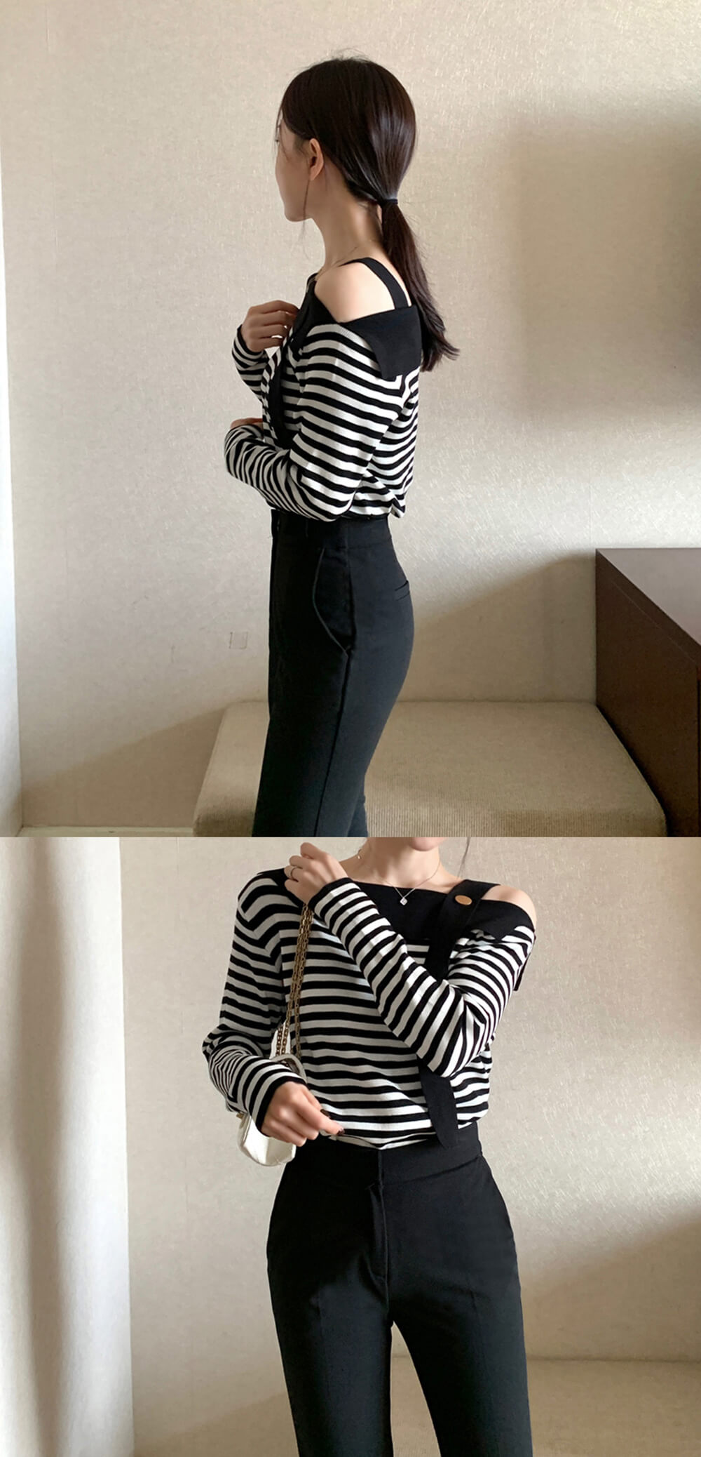 露肩斜領撞色條紋上衣