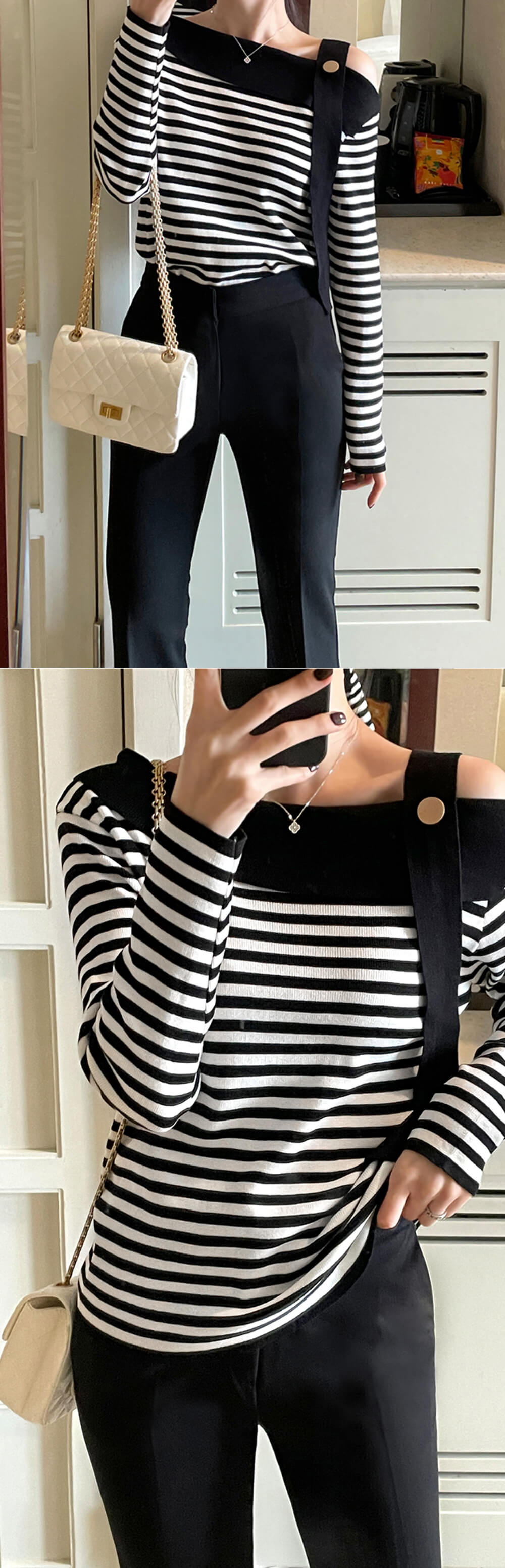 露肩斜領撞色條紋上衣