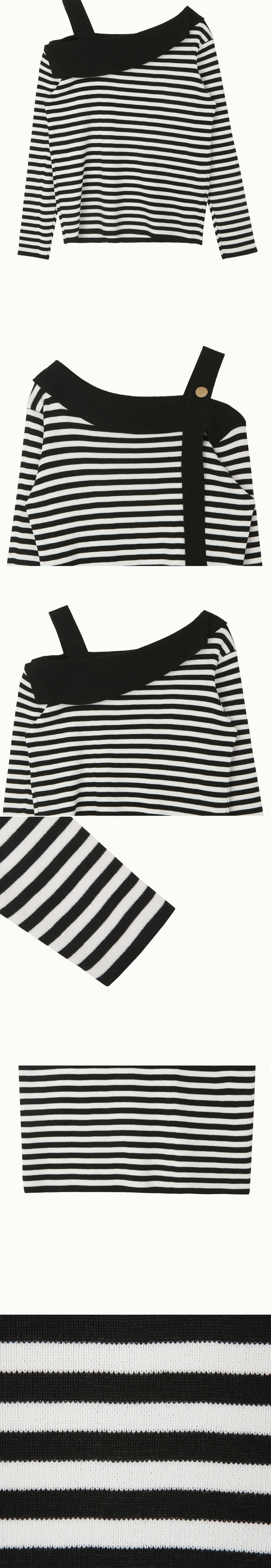 露肩斜領撞色條紋上衣