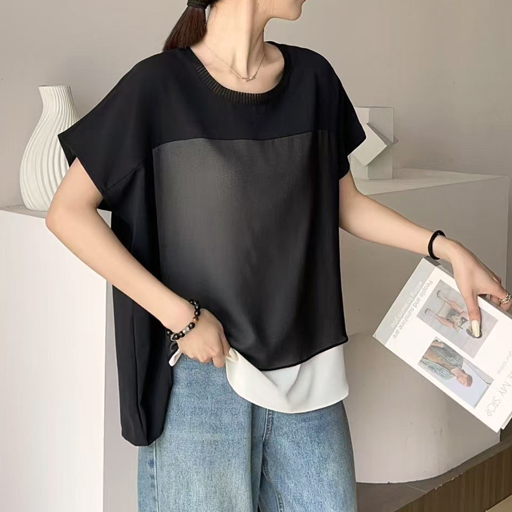 網紗領口拼接上衣
