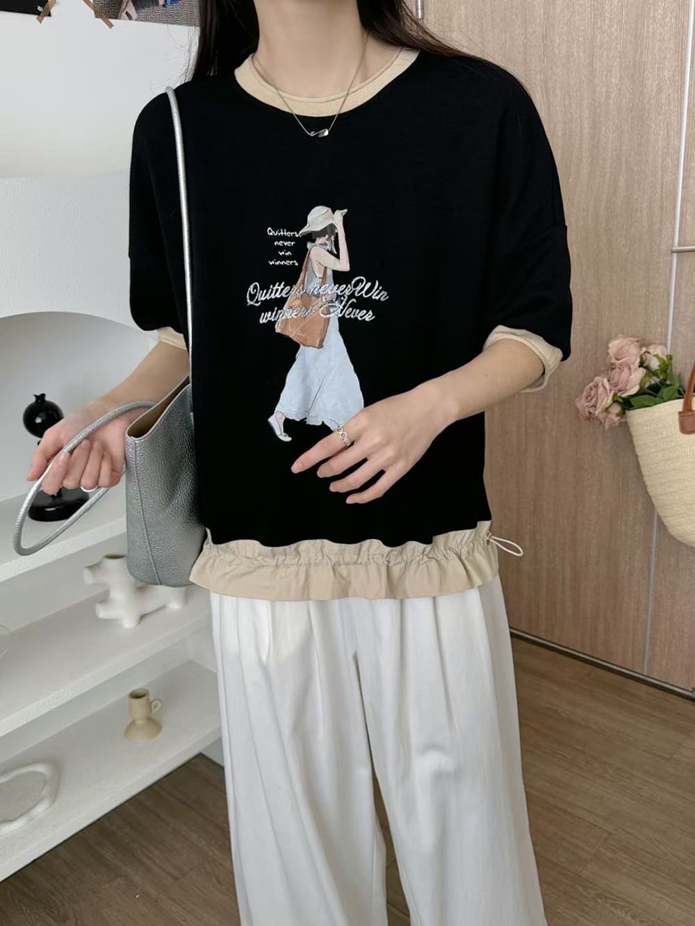 知性歐妮印花抽繩上衣