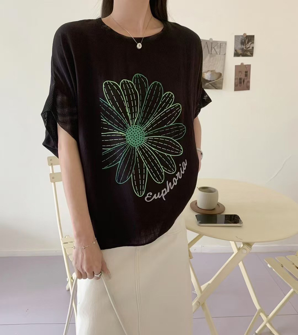 花朵圖案網狀袖上衣