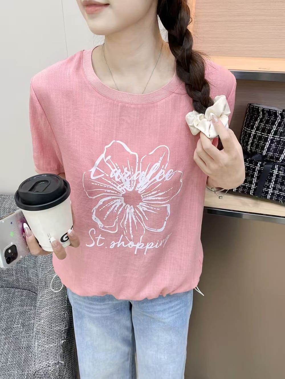 棉麻感抽繩印花上衣