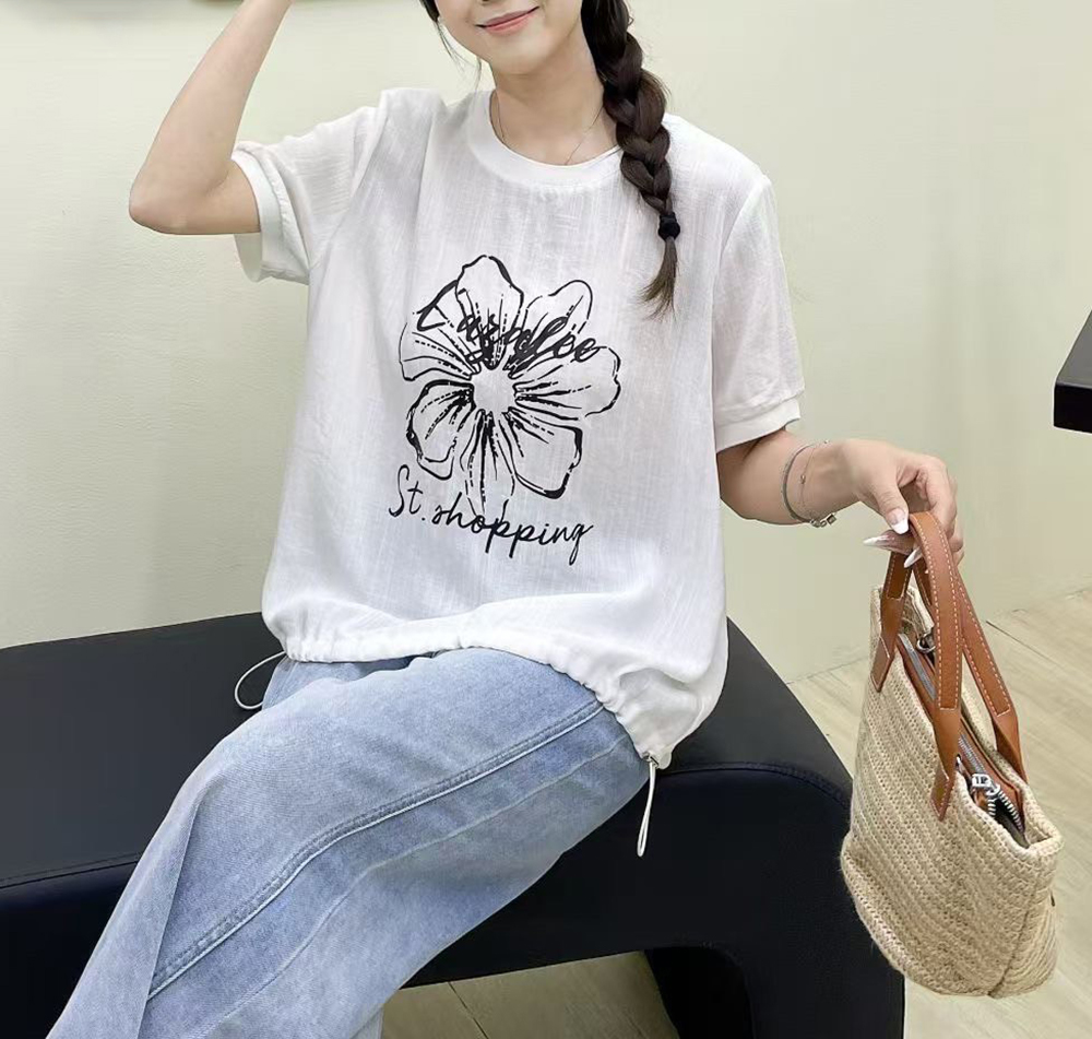 棉麻感抽繩印花上衣