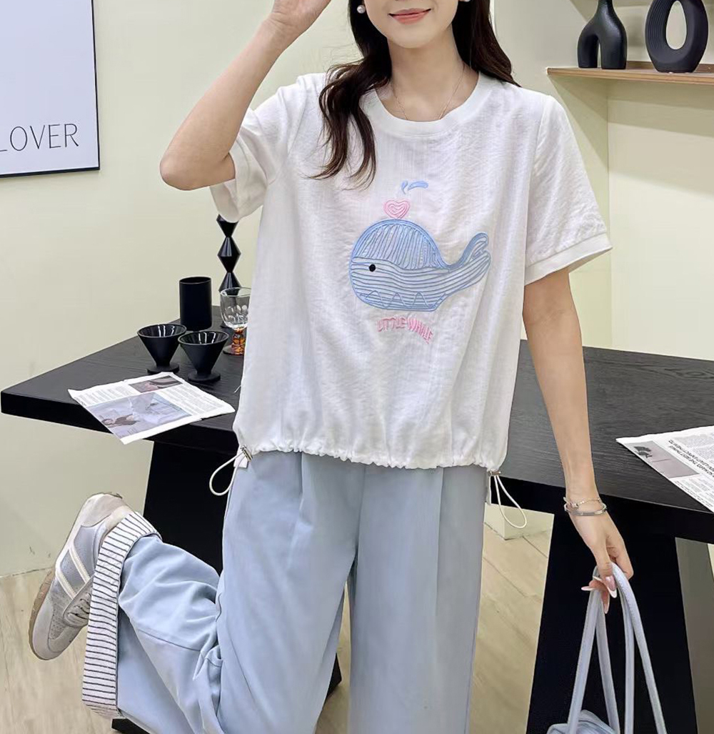 小鯨魚圖案棉麻上衣