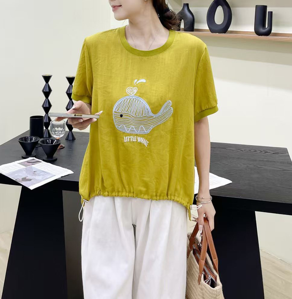 小鯨魚圖案棉麻上衣