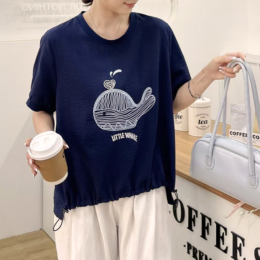 小鯨魚圖案棉麻上衣