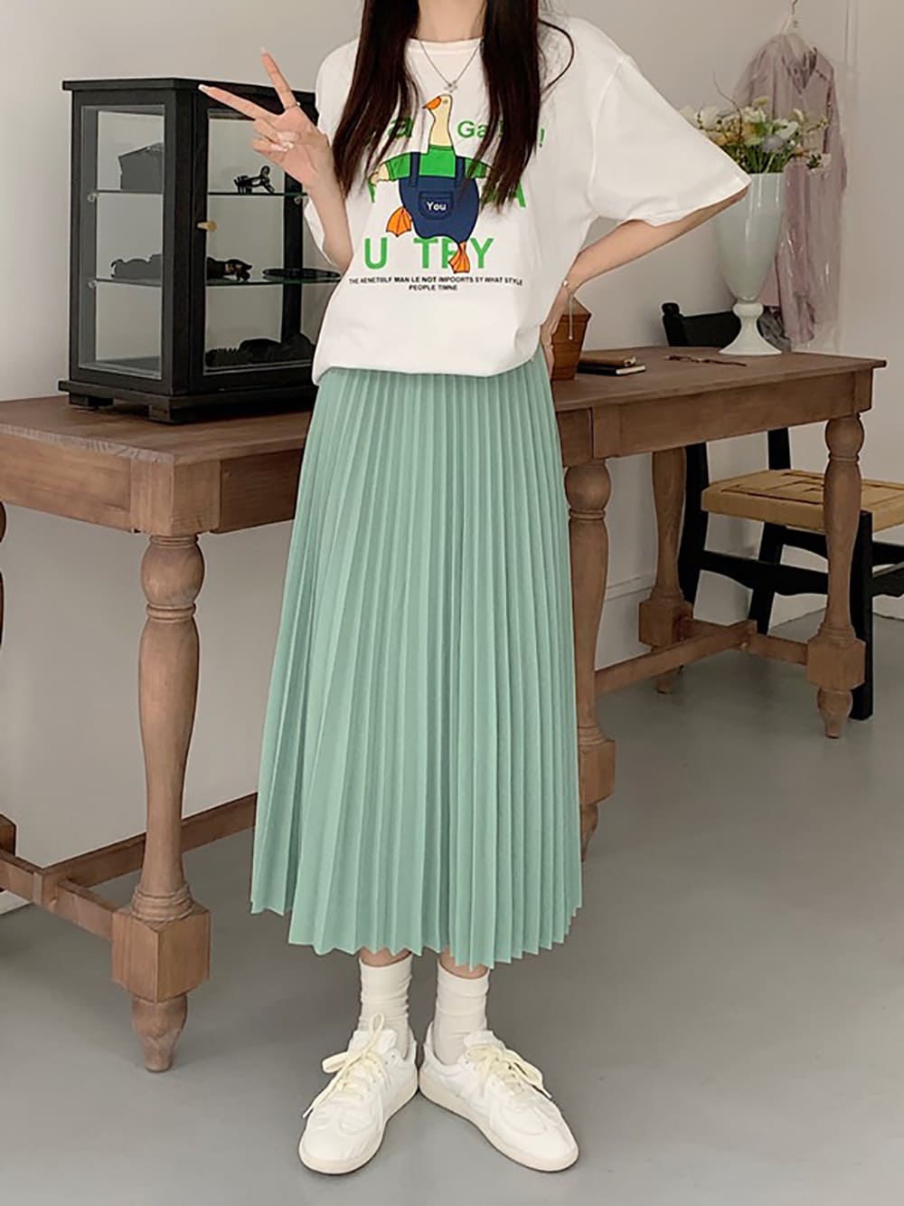 高腰顯瘦素色百褶長裙