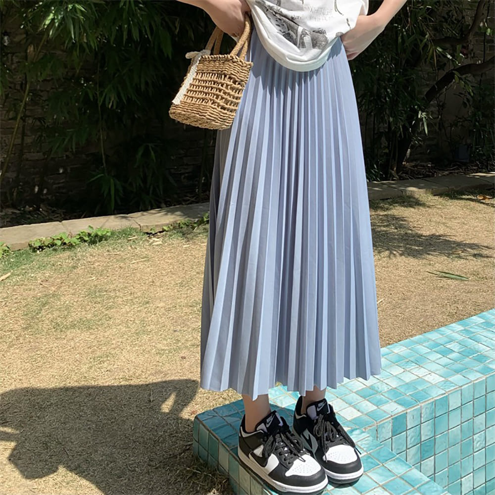 高腰顯瘦素色百褶長裙