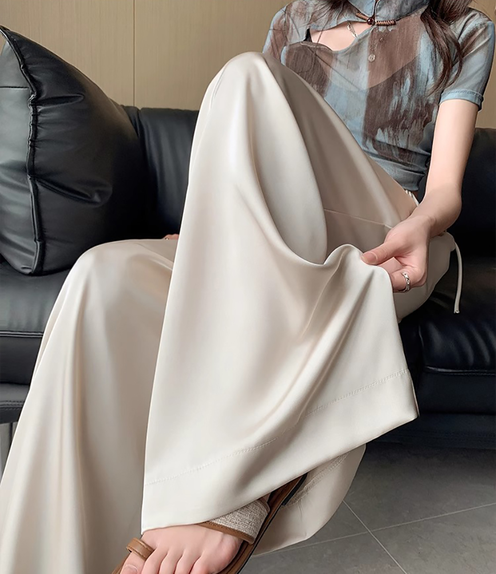 高腰薄款緞面綁帶寬褲