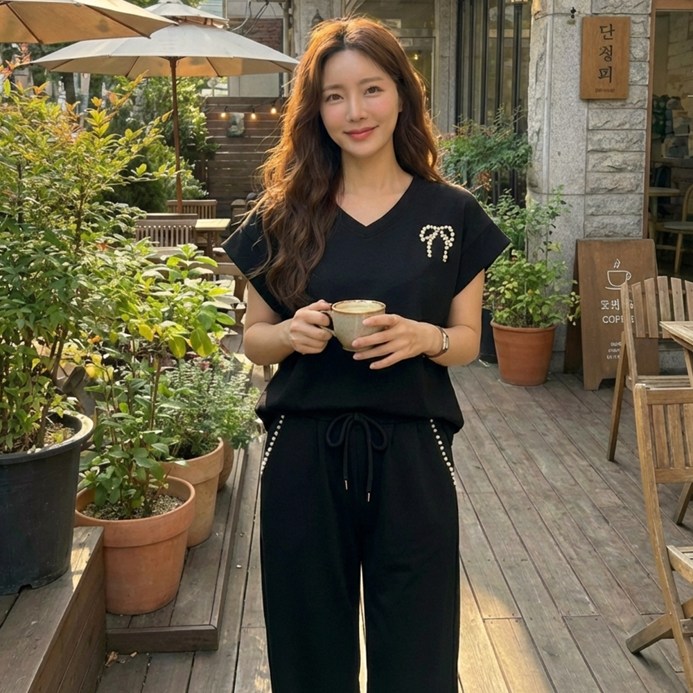 蝴蝶結上衣長褲套裝