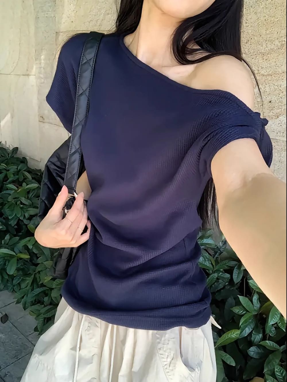 不規則斜肩修身上衣