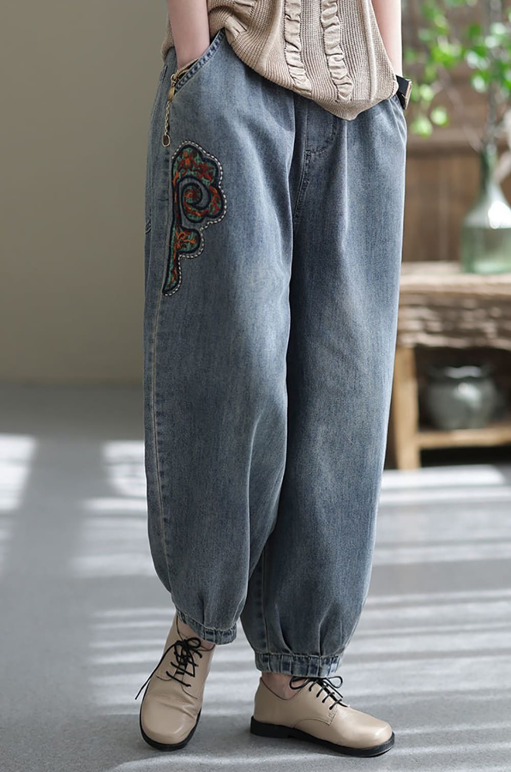 拼接刺繡哈倫牛仔褲