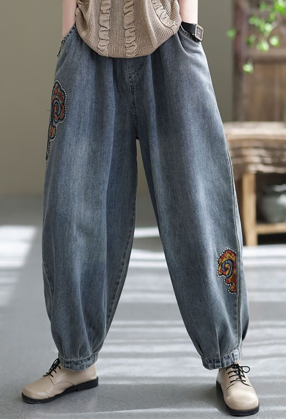 拼接刺繡哈倫牛仔褲