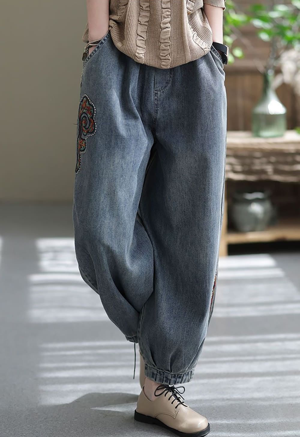 拼接刺繡哈倫牛仔褲