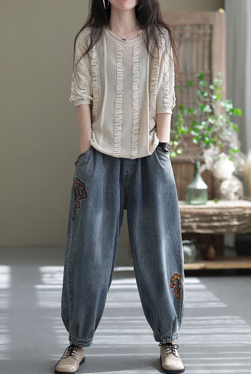 拼接刺繡哈倫牛仔褲