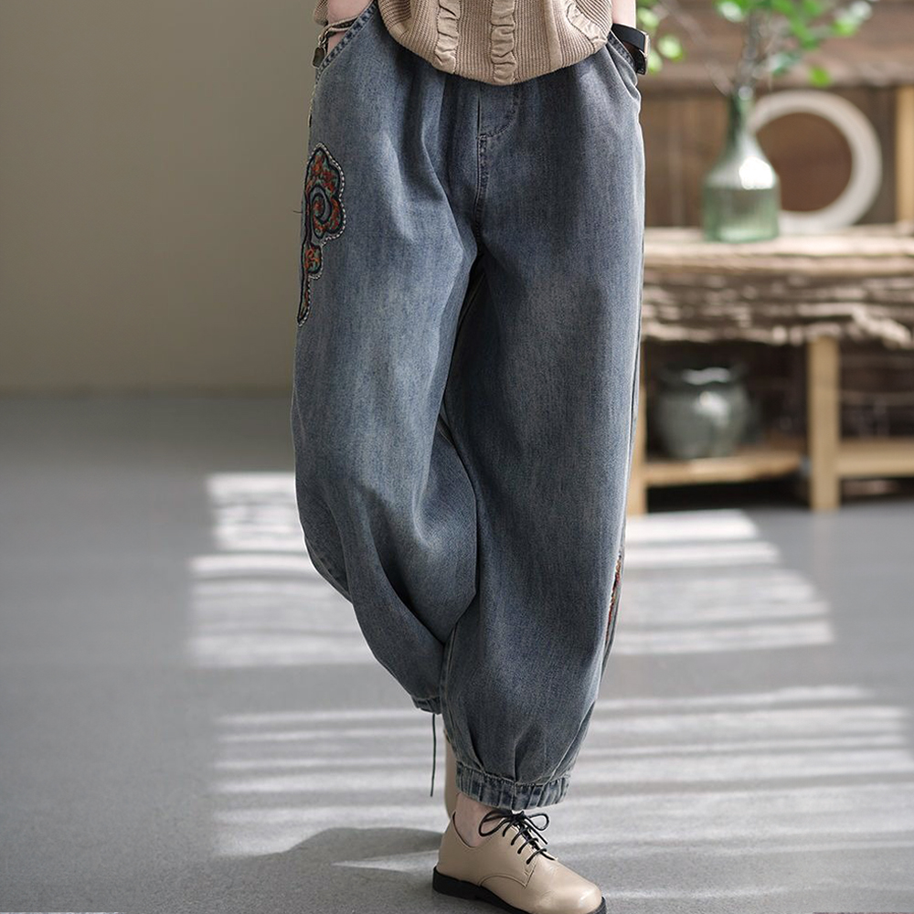 拼接刺繡哈倫牛仔褲