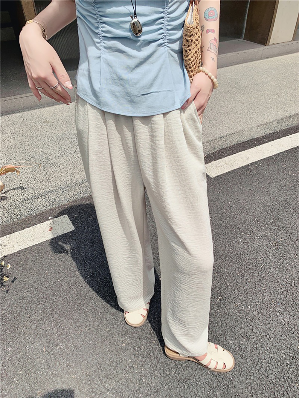 棉麻壓摺感直筒寬褲