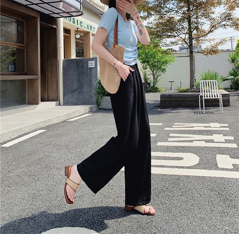 棉麻壓摺感直筒寬褲