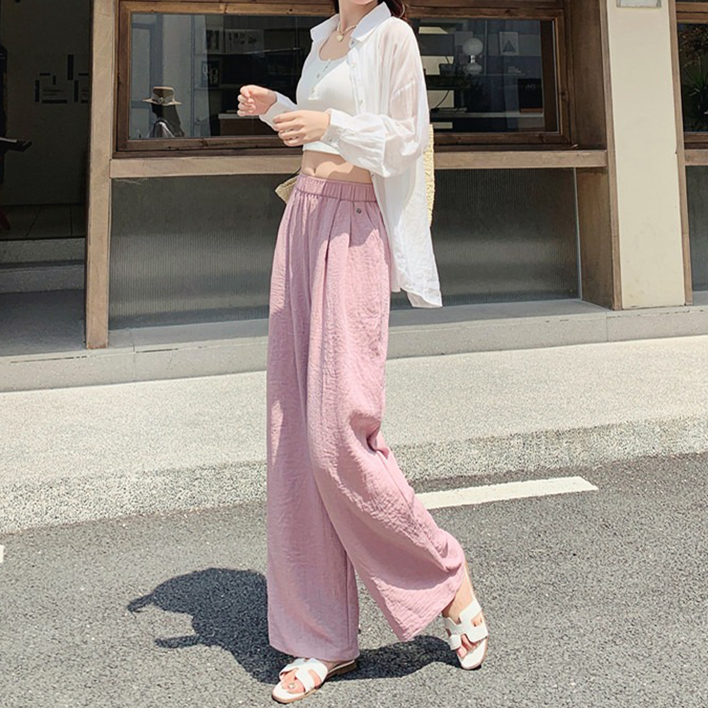 棉麻壓摺感直筒寬褲