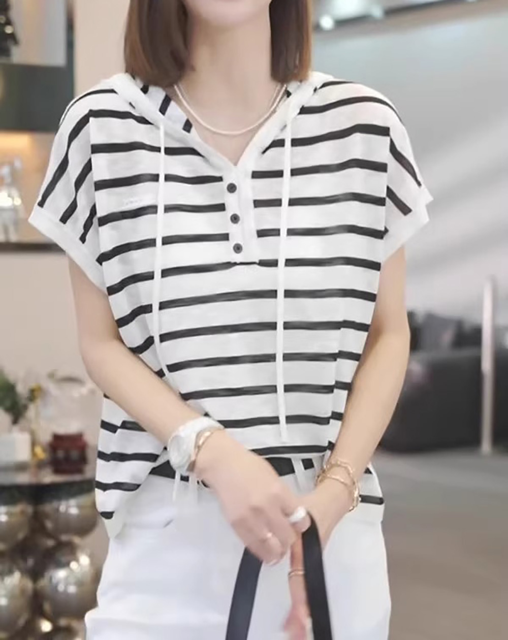 休閒條紋抽繩連帽上衣