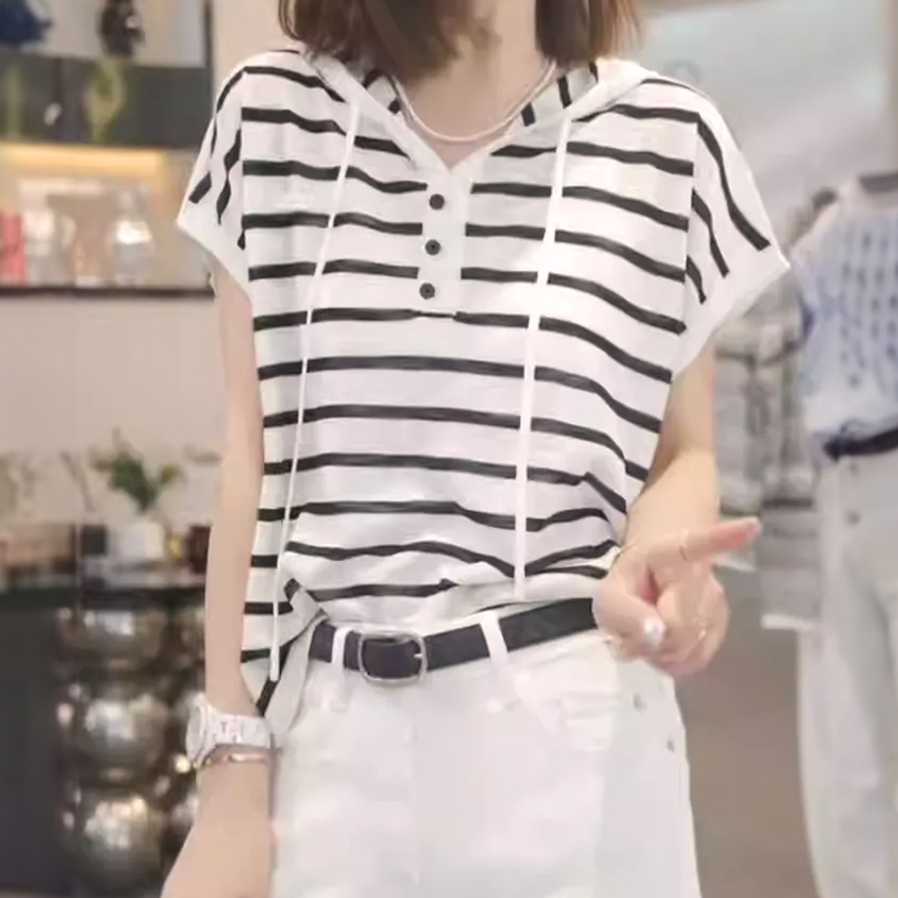 休閒條紋抽繩連帽上衣