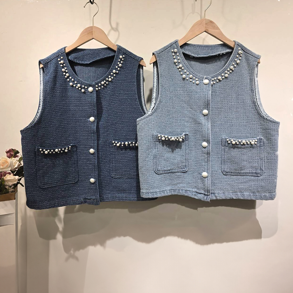 質感珍珠拼接牛仔背心