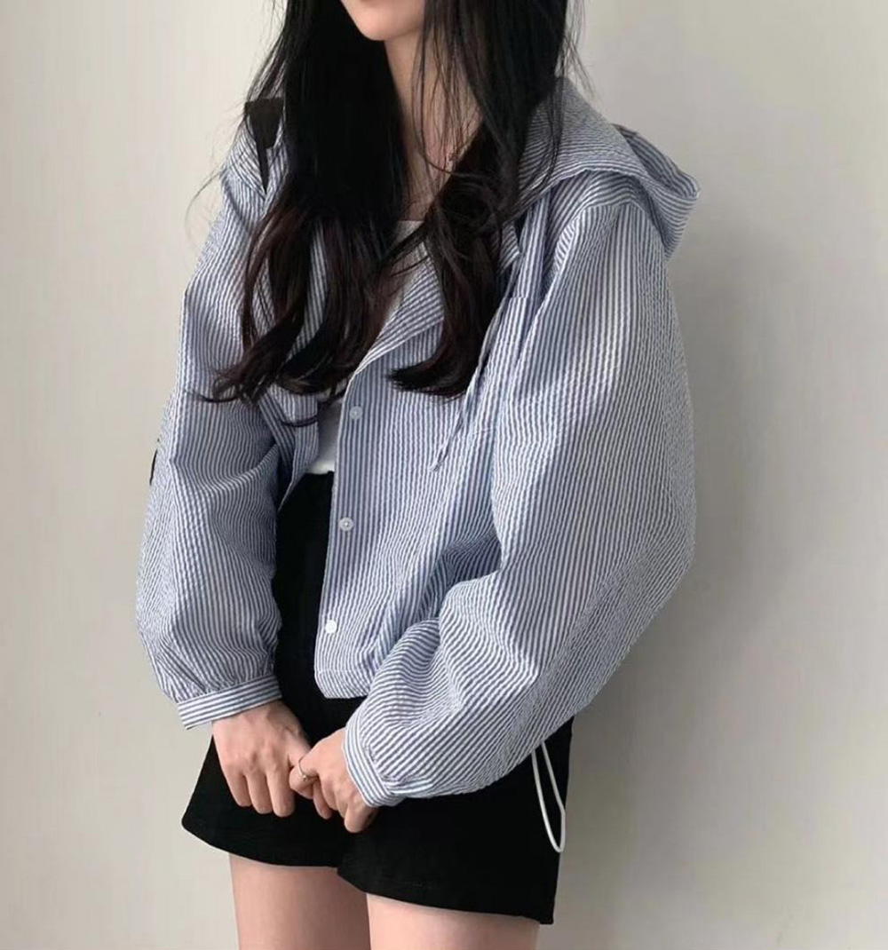 薄款條紋連帽短版外套