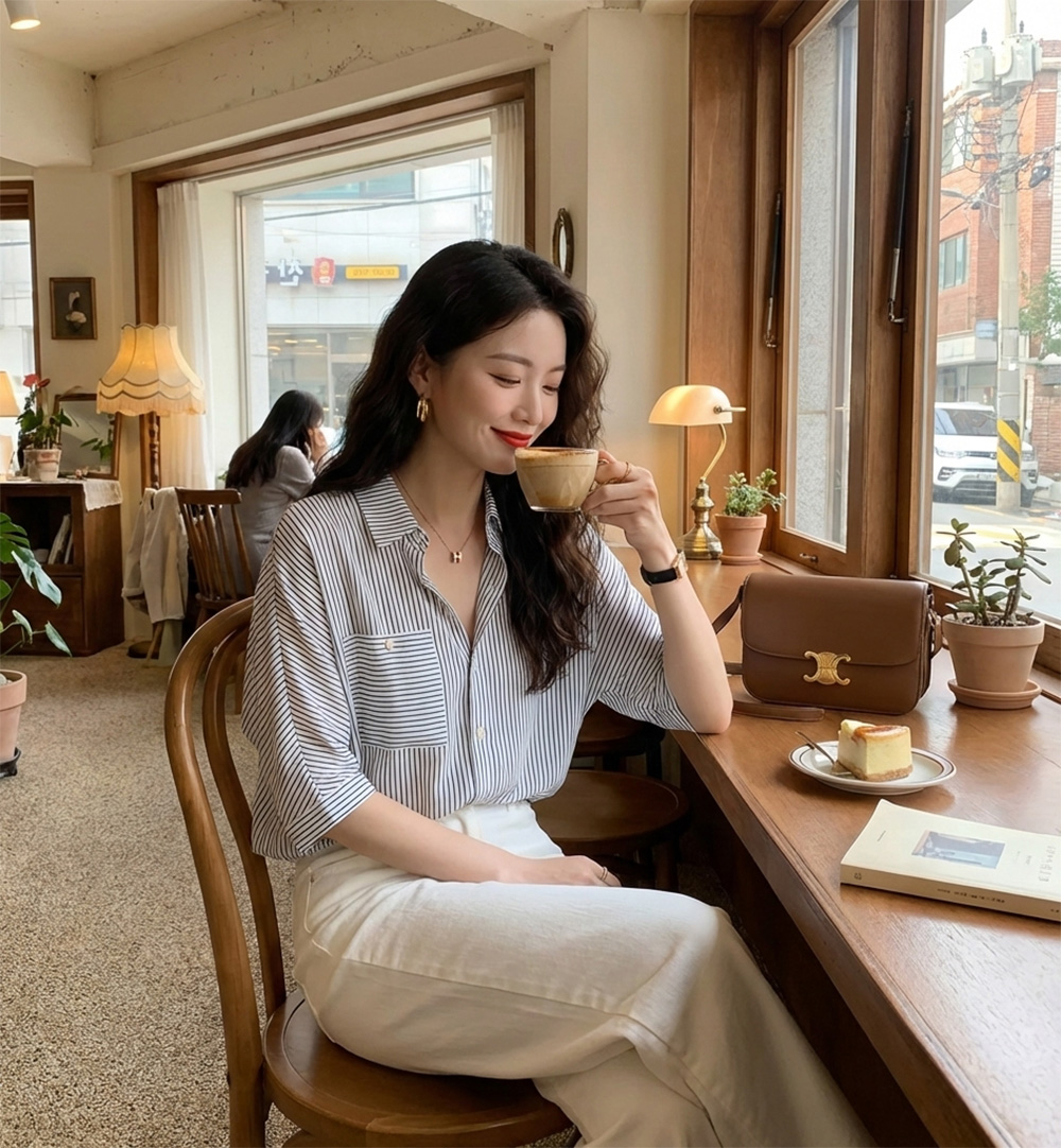 抽繩條紋七分袖襯衫,棉花糖女孩,中大尺碼,秋天,舒適,顯瘦
