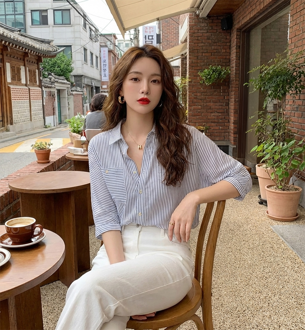 抽繩條紋七分袖襯衫,棉花糖女孩,中大尺碼,秋天,舒適,顯瘦