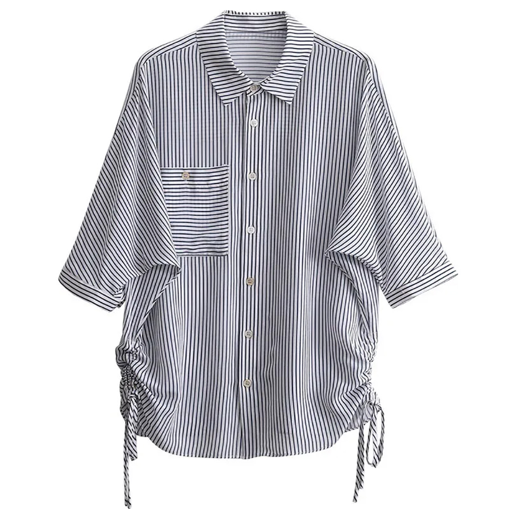 抽繩條紋七分袖襯衫,棉花糖女孩,中大尺碼,秋天,舒適,顯瘦