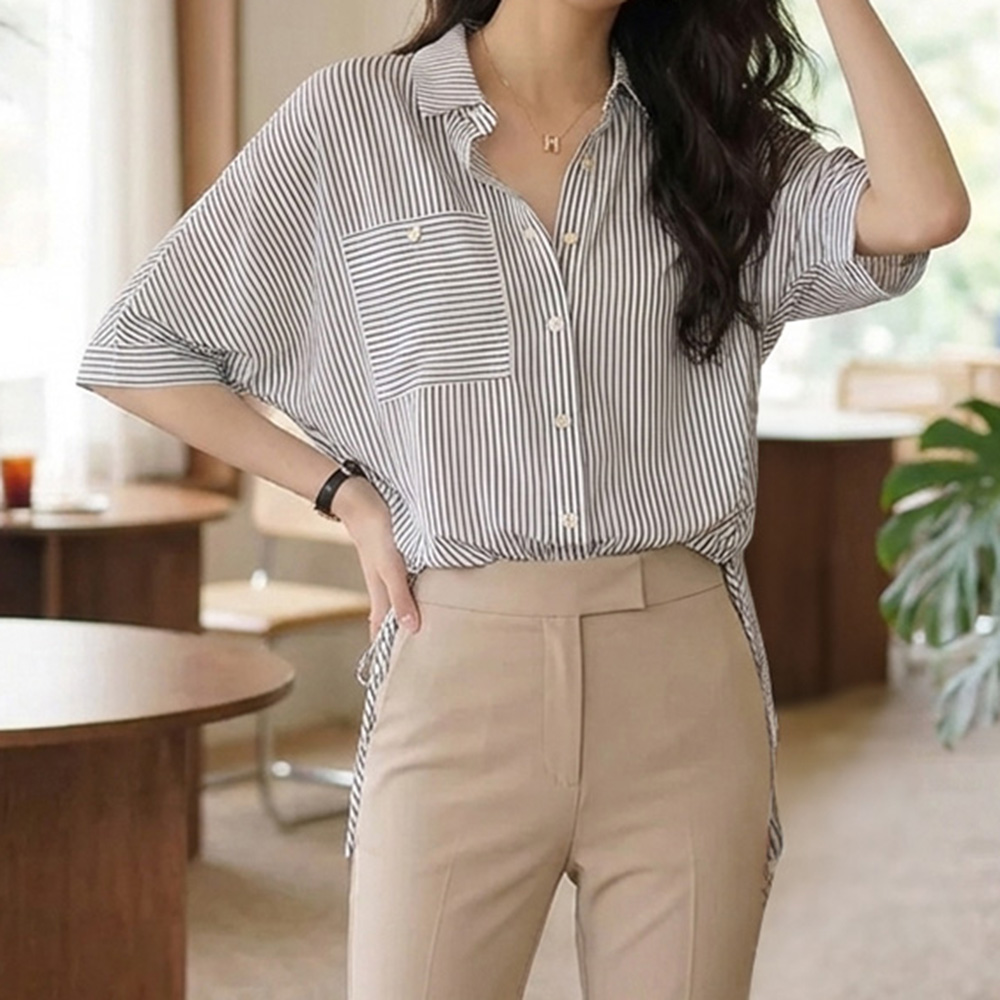 抽繩條紋七分袖襯衫