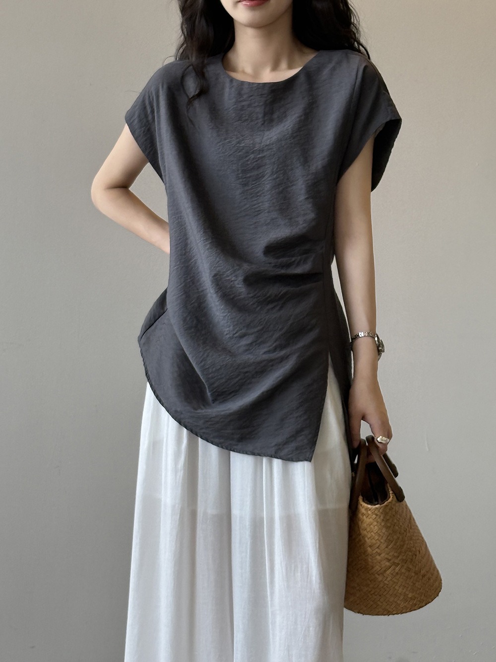 設計感後綁帶開衩上衣