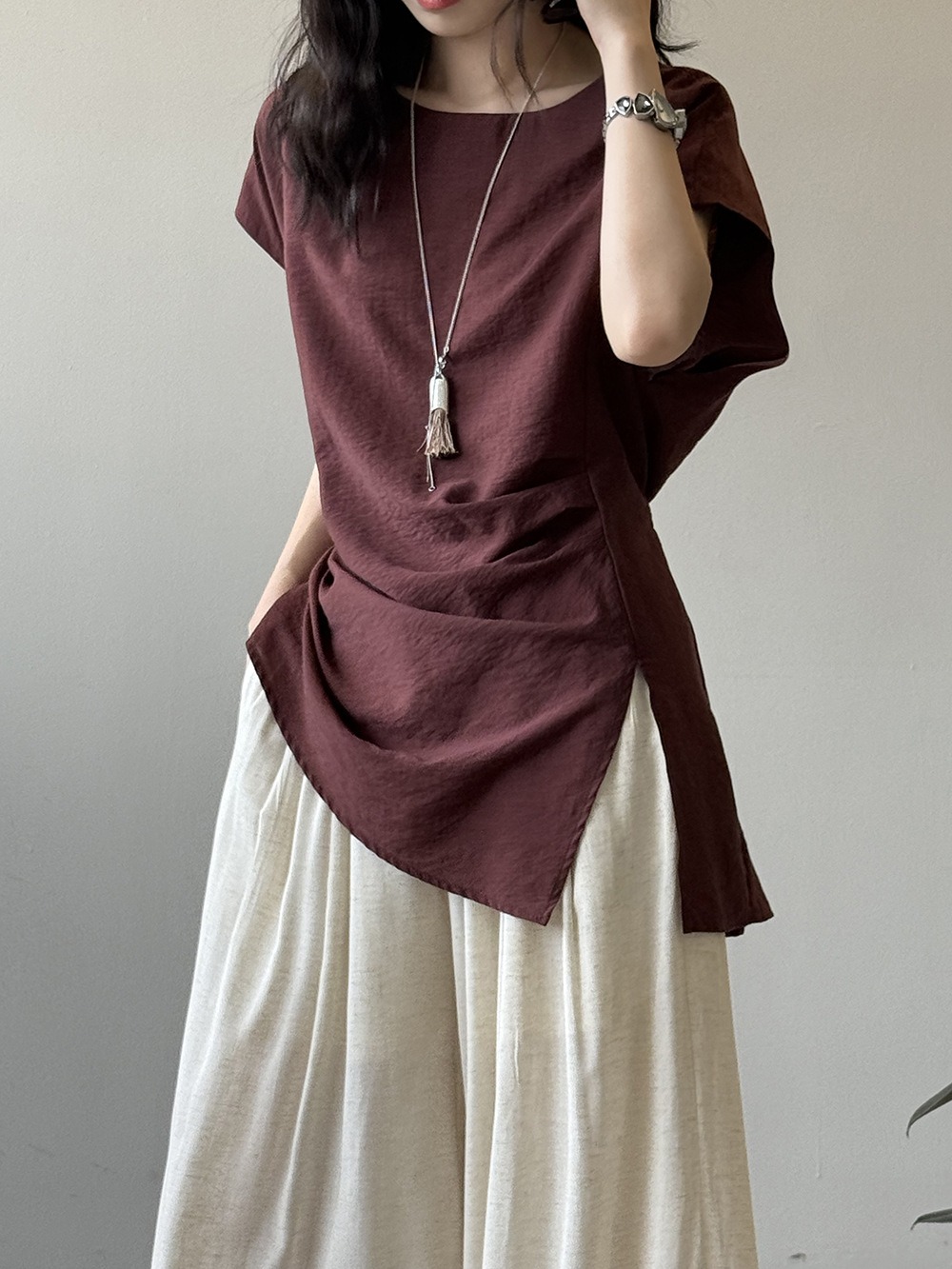 設計感後綁帶開衩上衣