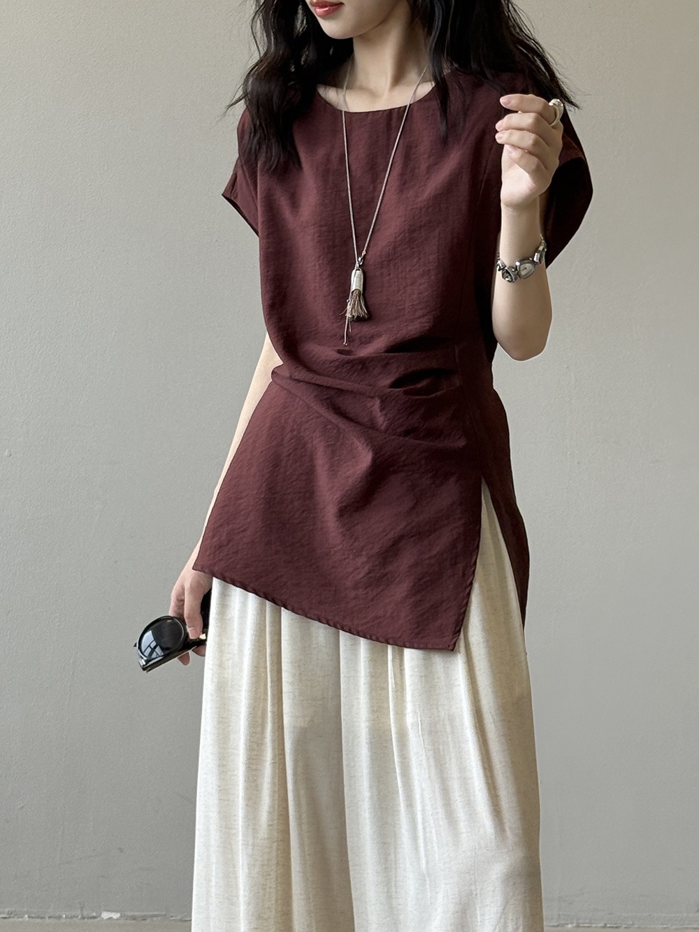 設計感後綁帶開衩上衣