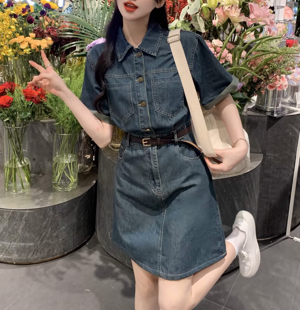 復古牛仔修身短洋裝
