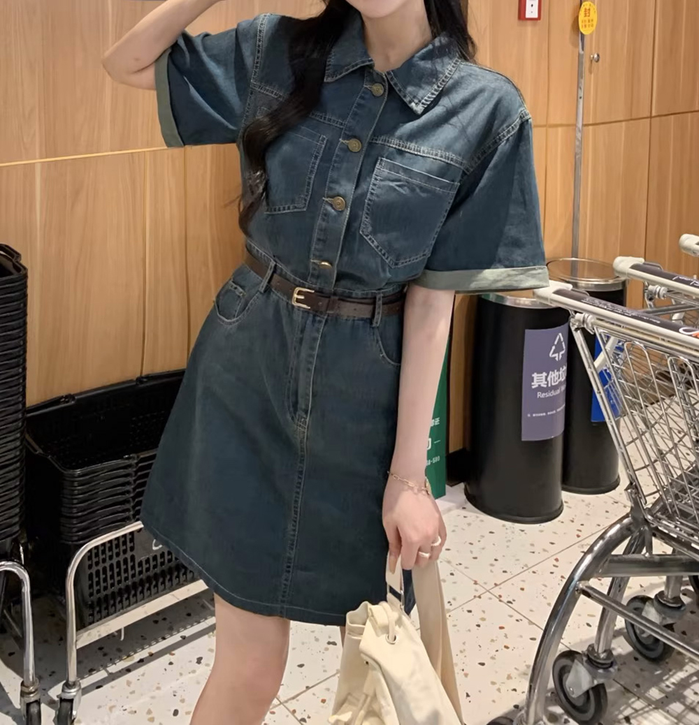 復古牛仔修身短洋裝