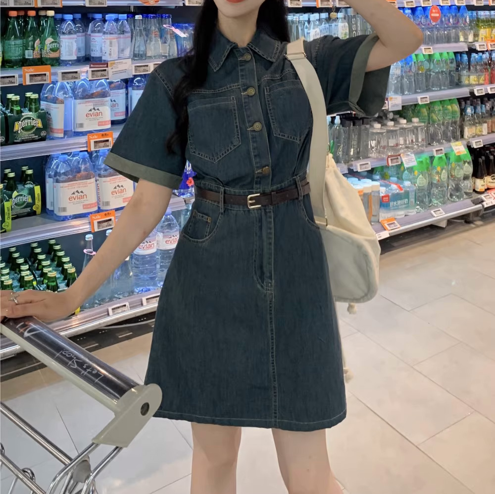 復古牛仔修身短洋裝