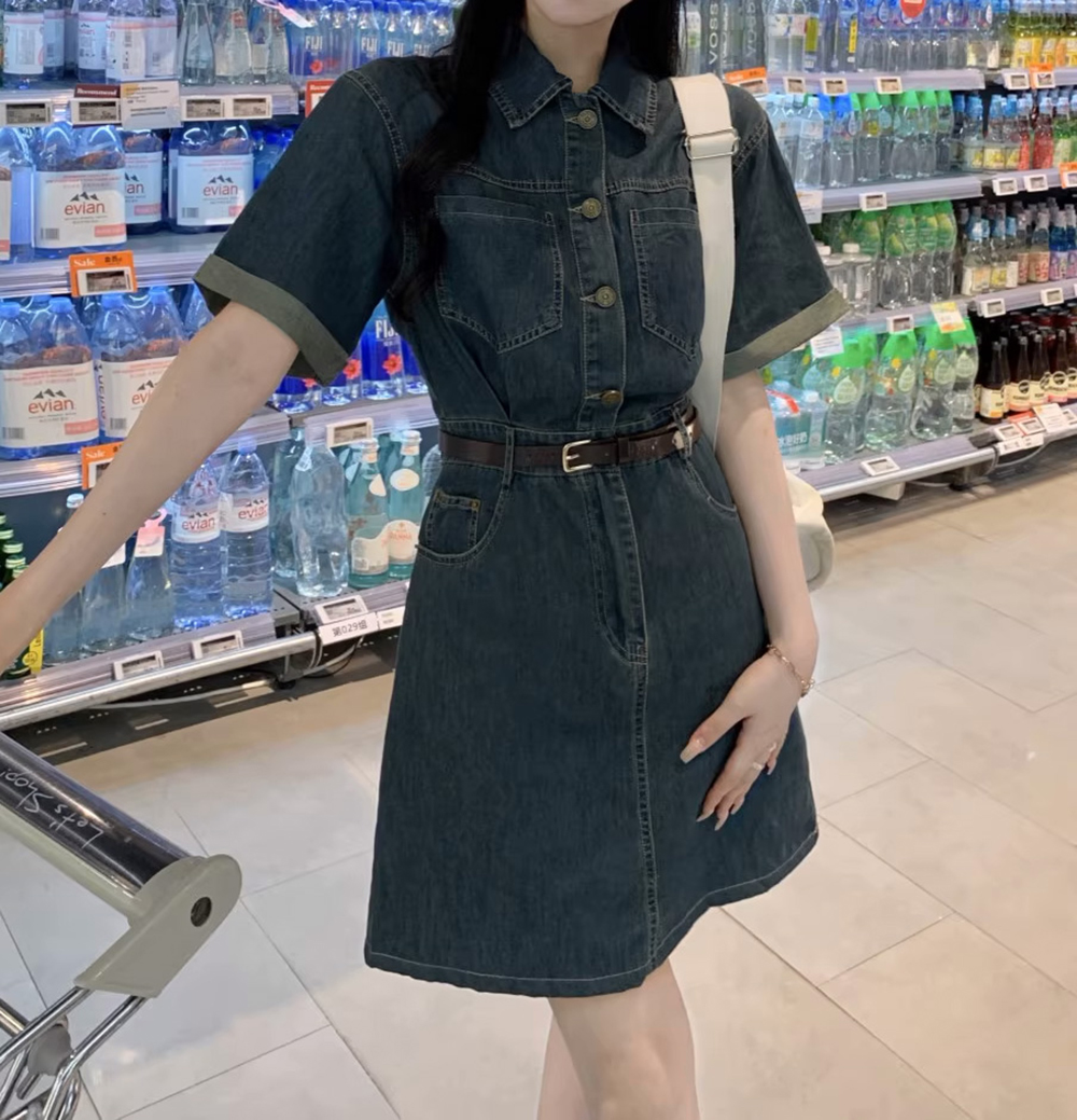 復古牛仔修身短洋裝