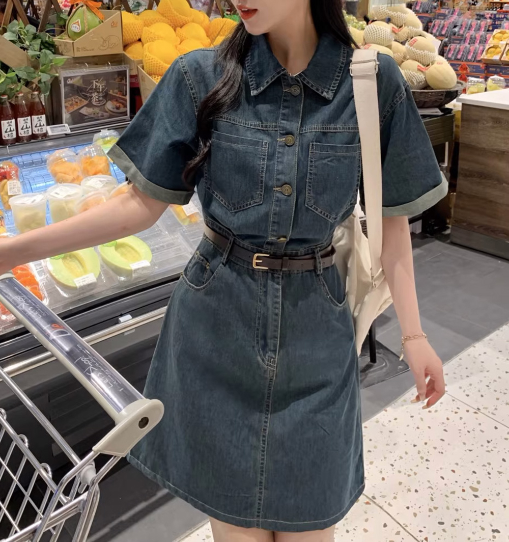 復古牛仔修身短洋裝