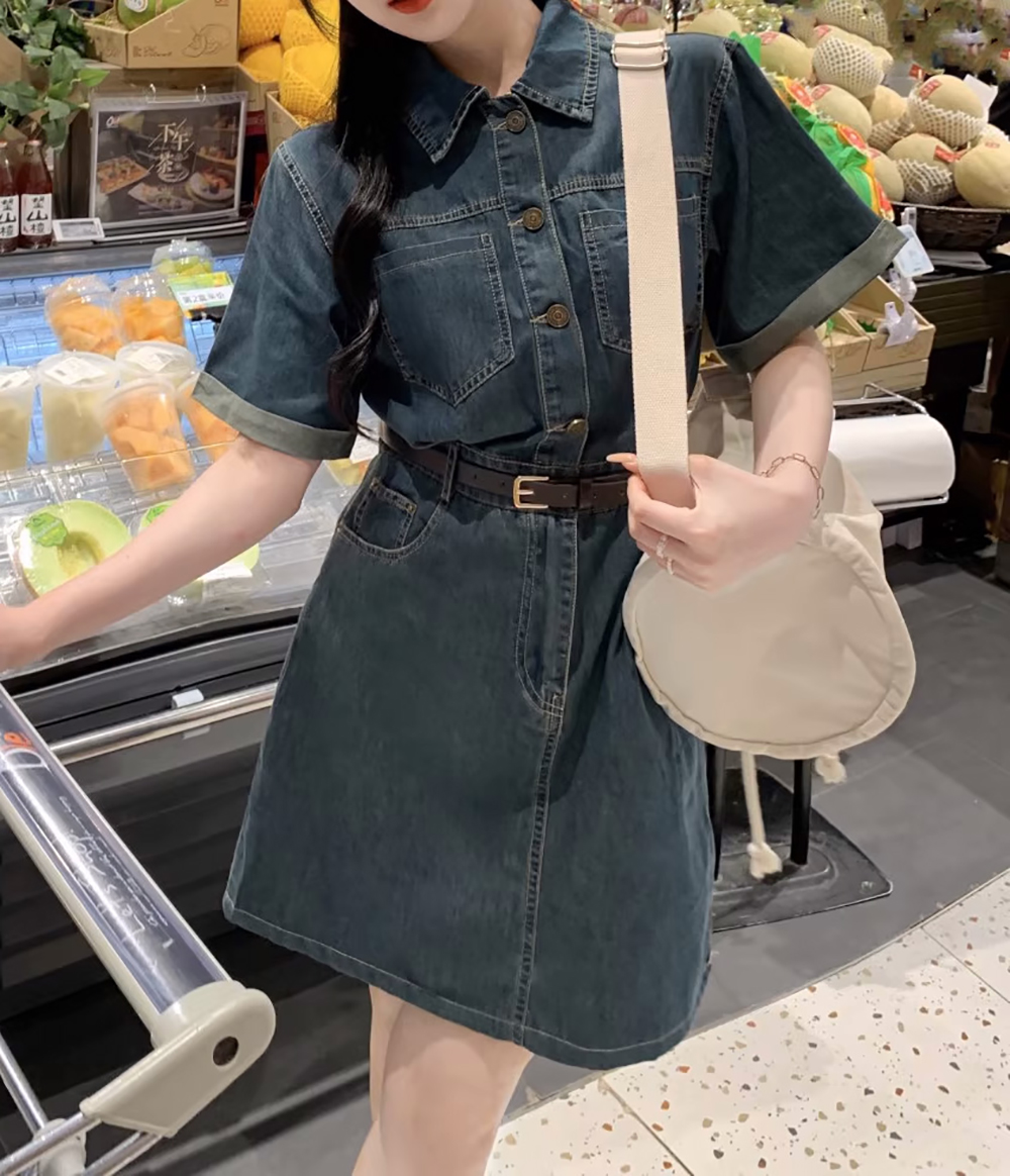 復古牛仔修身短洋裝