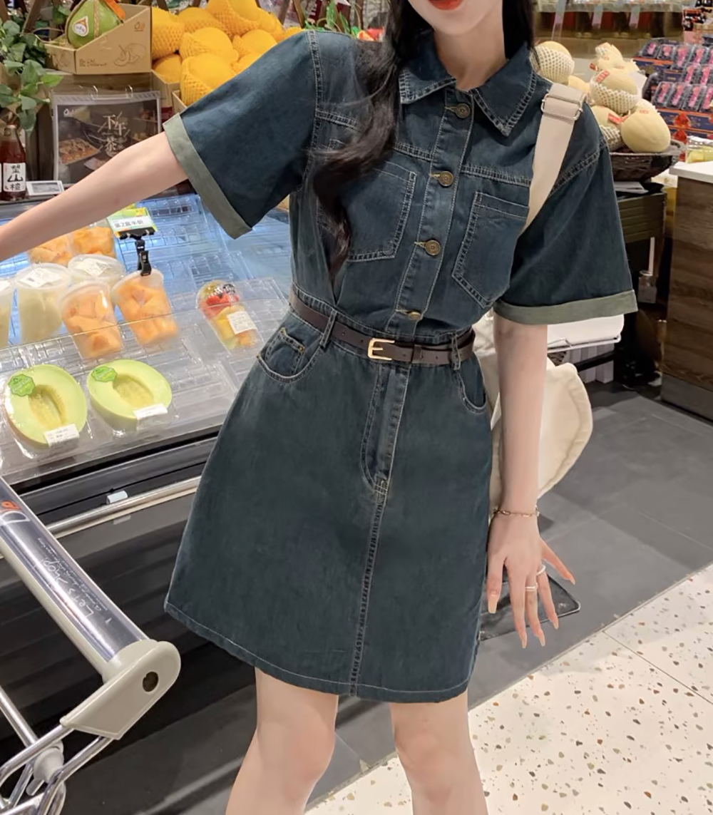 復古牛仔修身短洋裝